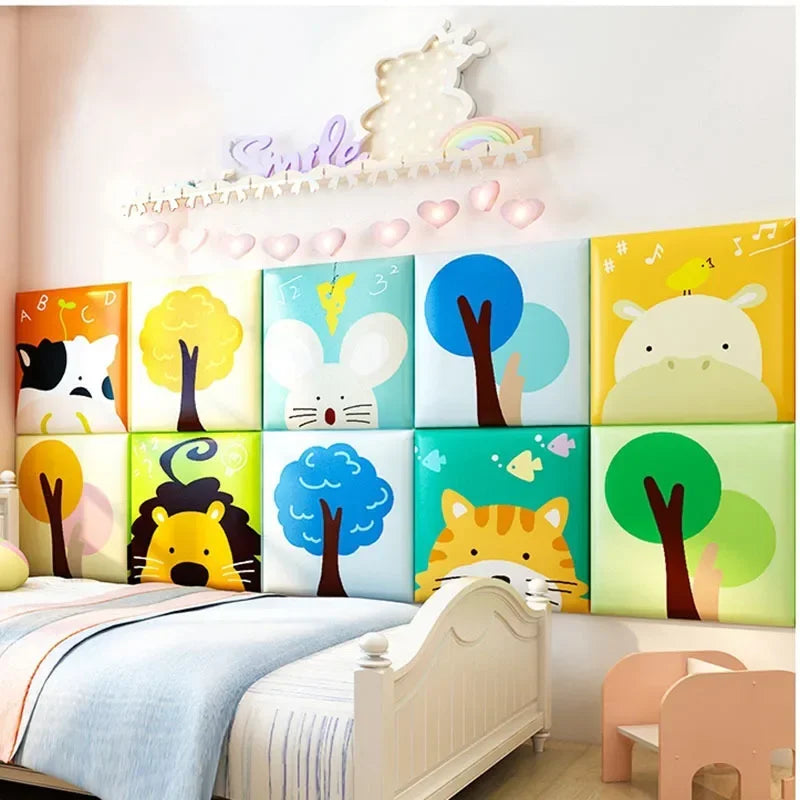 panneau mural decoratif enfant animaux mignons bois teck protection coin lit chambre bebe