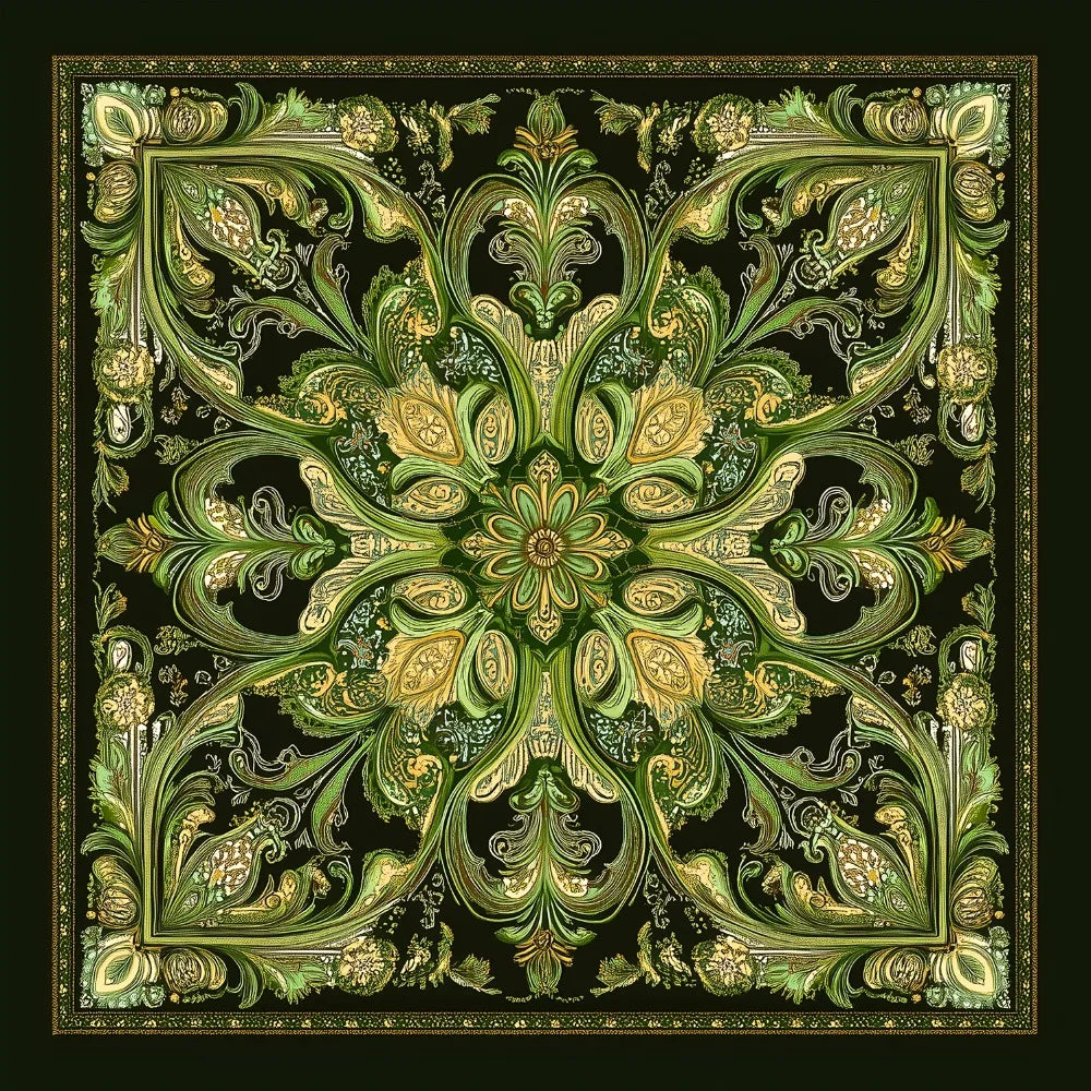 écharpe femme vert noir motif floral doré art nouveau foulard luxe élégant