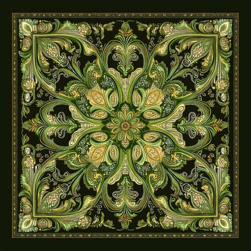 écharpe femme vert noir motif floral doré art nouveau foulard luxe élégant