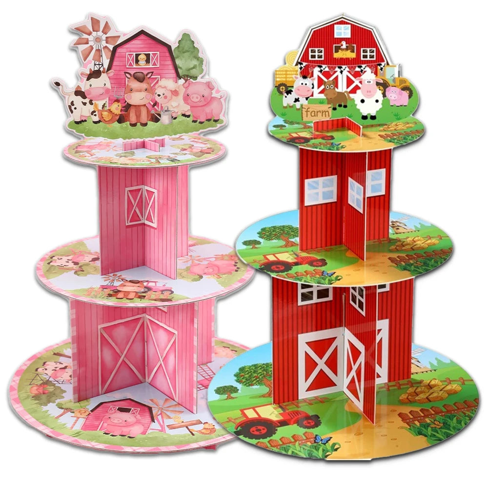 présentoir gâteaux ferme animaux vache cochon mouton imitation bois rose rouge vert jaune blanc