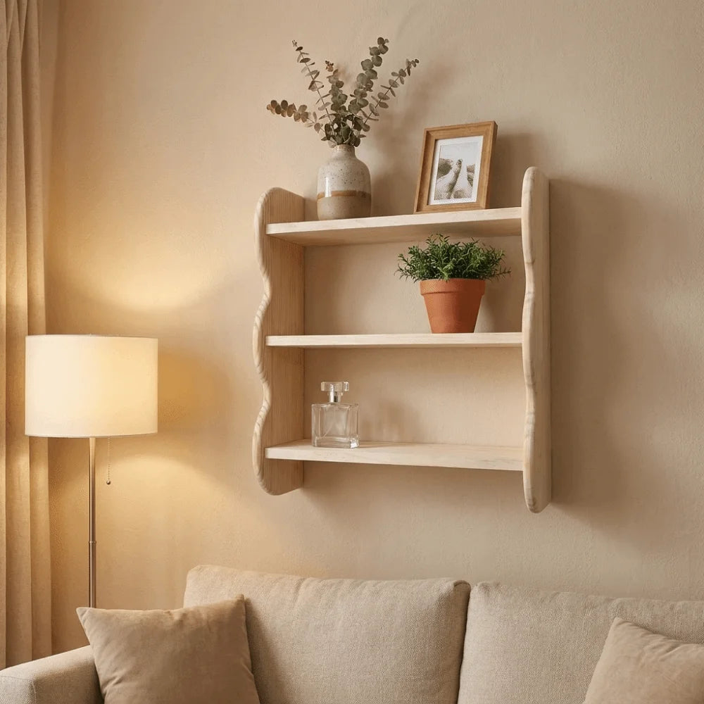 étagère murale bois brut naturel rustique moderne niveaux tasses chambre coucher fixations incluses