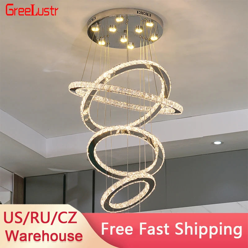 suspension lumineuse moderne anneaux cristal poli blanc doré strass haute luminosité télécommande
