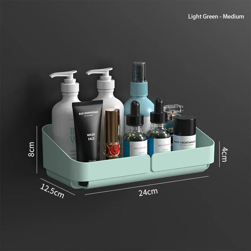 étagère rangement murale adhésive bleu jaune blanc moderne bouteilles flacons pots cosmétiques salle bains