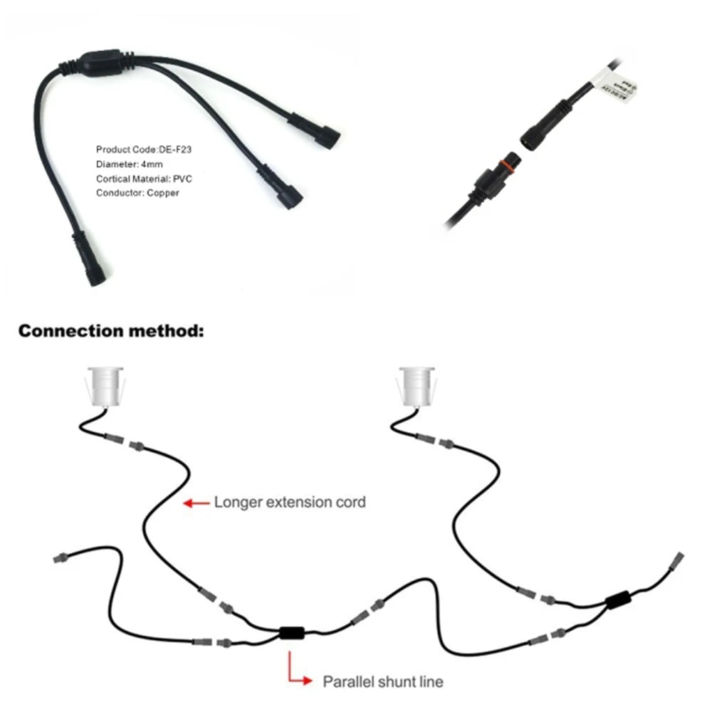 câble connecteur étanche ip67 deux voies split led noir forme extension diversion pvc cuivre
