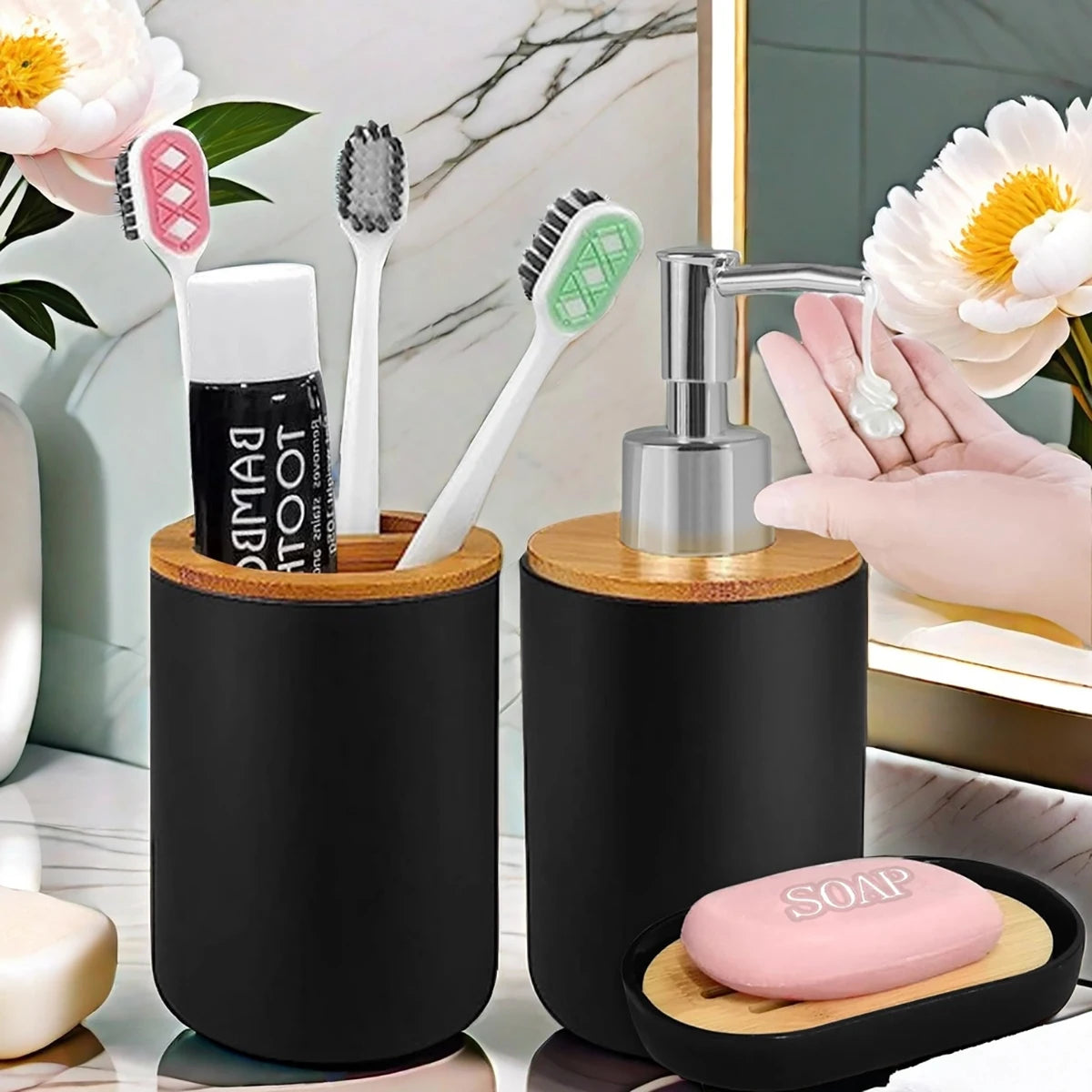 ensemble d'accessoires salle bain distributeur savon porte brosses dents porte savon noir moderne minimaliste