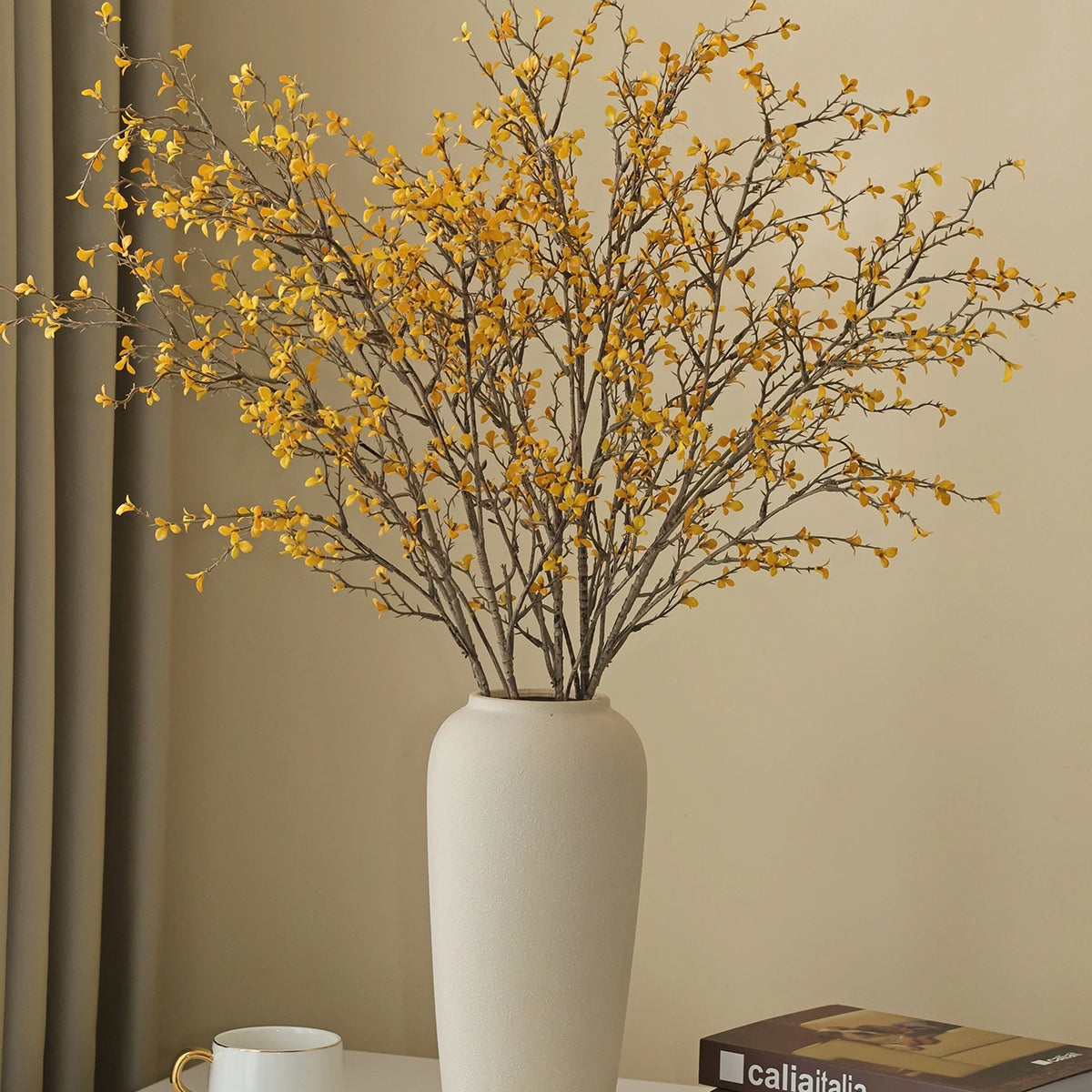 branche artificielle feuilles simples vase décoration intérieure naturelle minimaliste noir jaune rose violet bleu