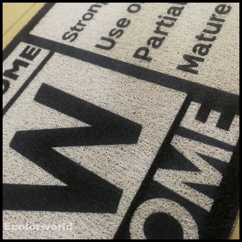tapis d'entrée pvc antidérapant lettres relief bienvenue moderne graphique extérieur couloir hall gris noir