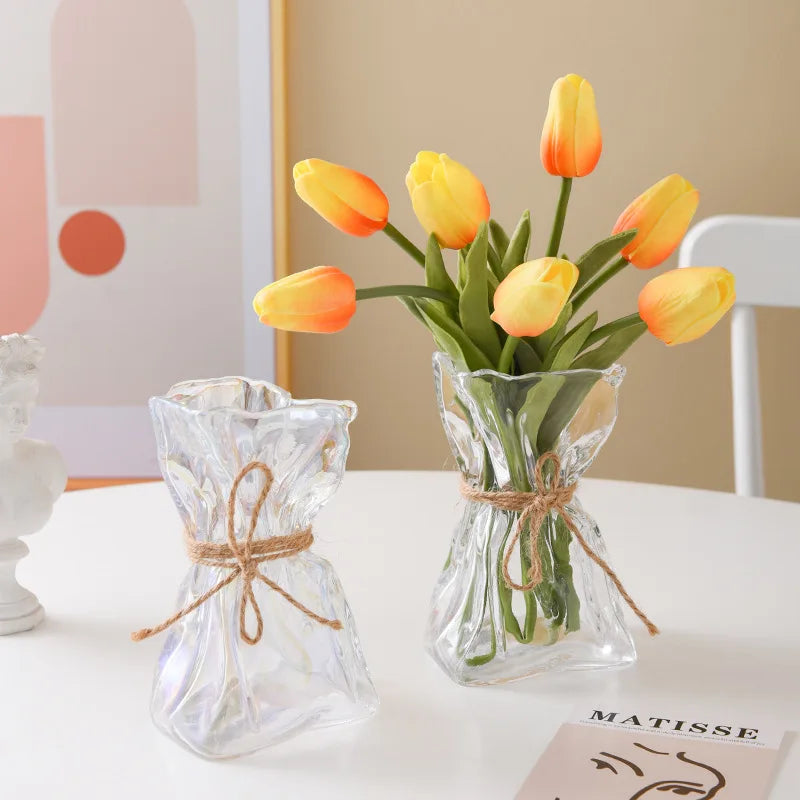 vase verre transparent moderne ruban jute pot fleur terrarium décoration table hydroponique artisanat
