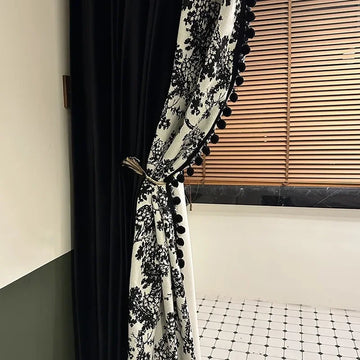 rideau moderne noir blanc imprimé arbre pompons clips métalliques occultant salon chambre fenêtre