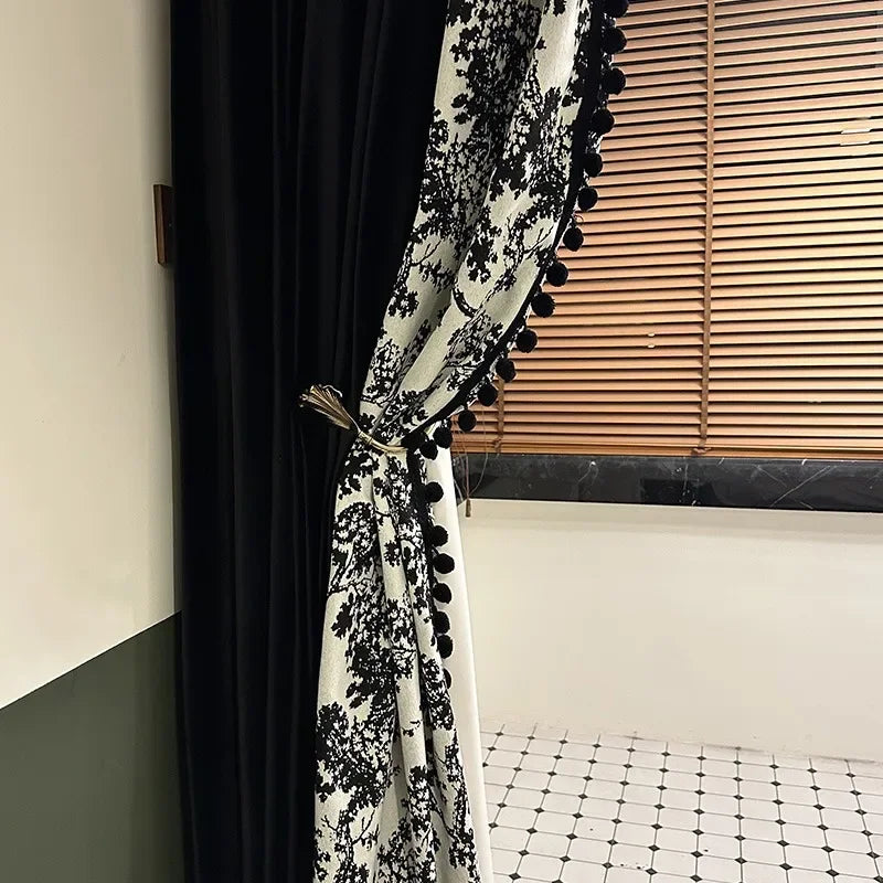 rideau moderne noir blanc imprimé arbre pompons clips métalliques occultant salon chambre fenêtre