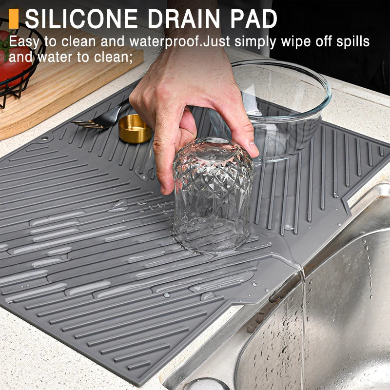 tapis drainage silicone gris moderne rayures horizontales antidérapant cuisine vaisselle séchage large medium small