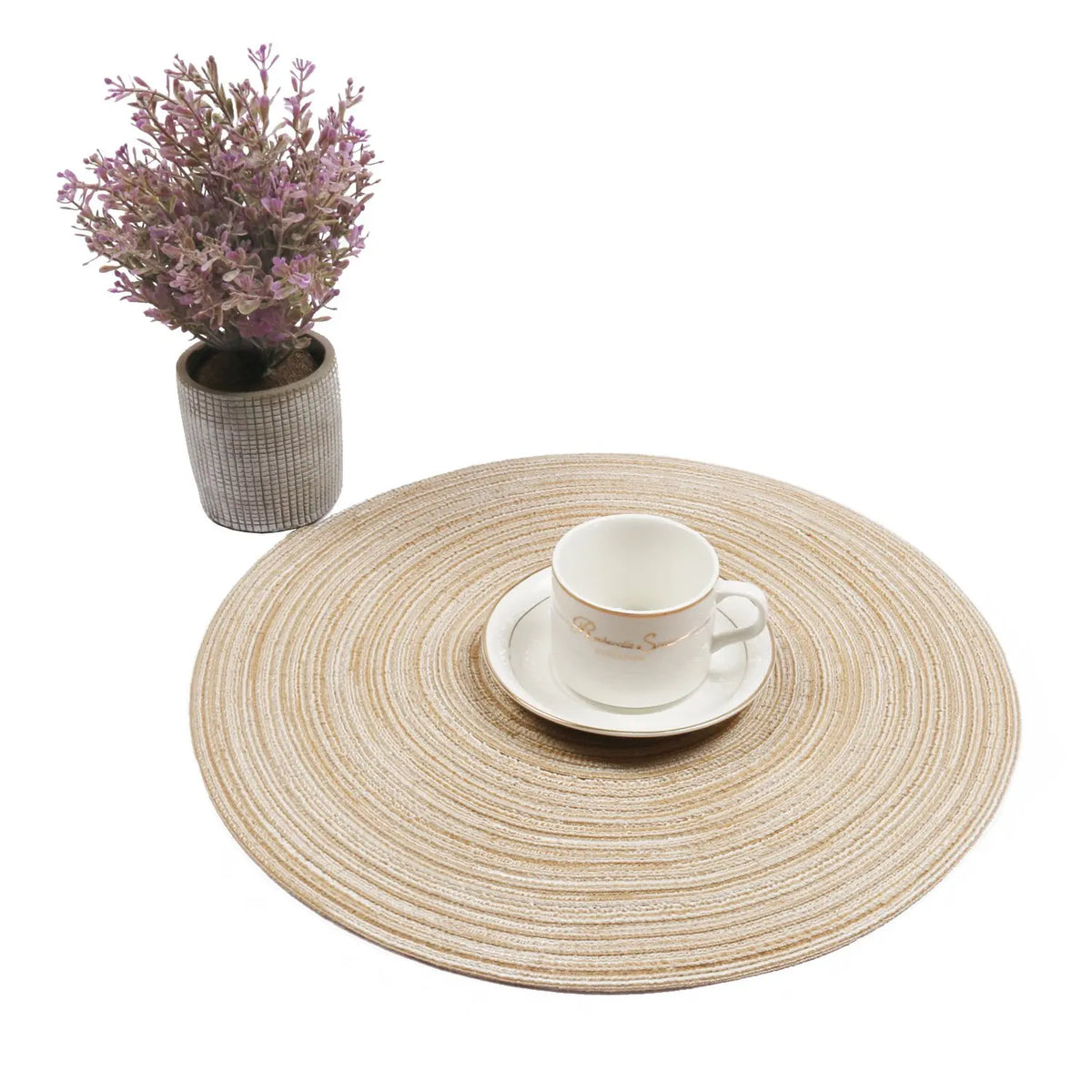 placemat rond rayures concentriques beige clair moderne respectueux environnement tissu polyester coton set table