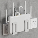 support mural blanc gris routeur wifi antennes alimentation prise electrique minimaliste fixations pinsées