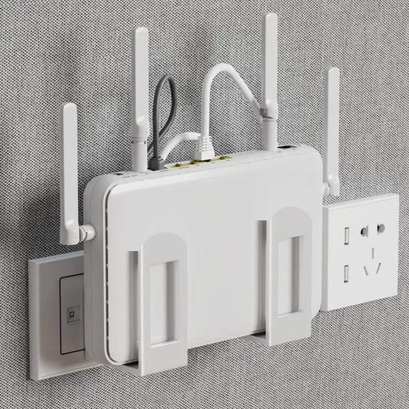 support mural blanc gris routeur wifi antennes alimentation prise electrique minimaliste fixations pinsées