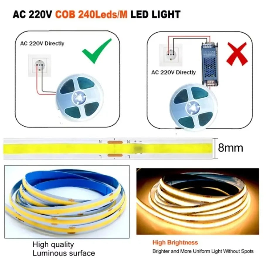 ruban led cob 240 leds mètre blanc chaud naturel moderne adhésif haute luminosité