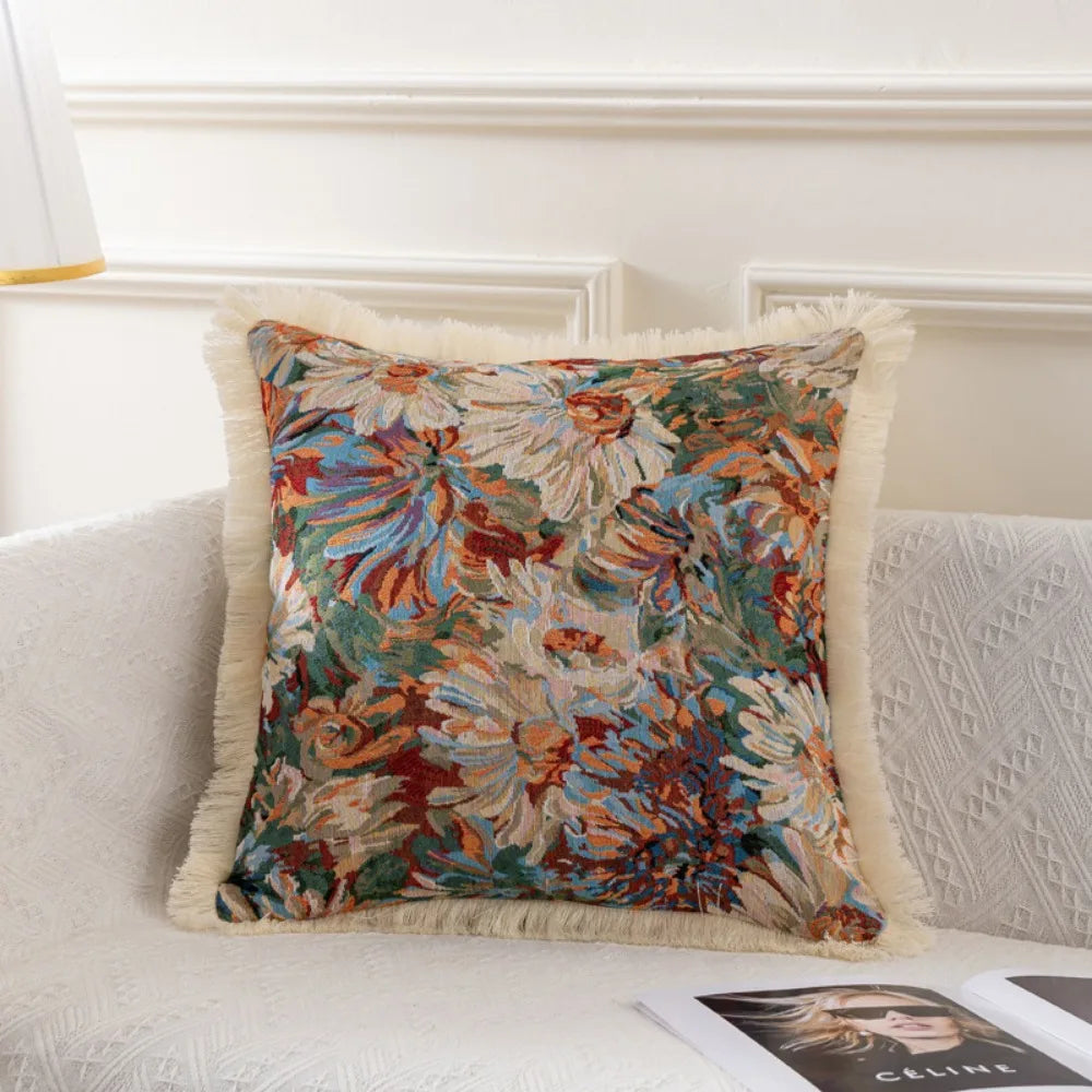 taies d'oreiller jacquard vintage motif floral multicolore coton polyester adhésif lit maison