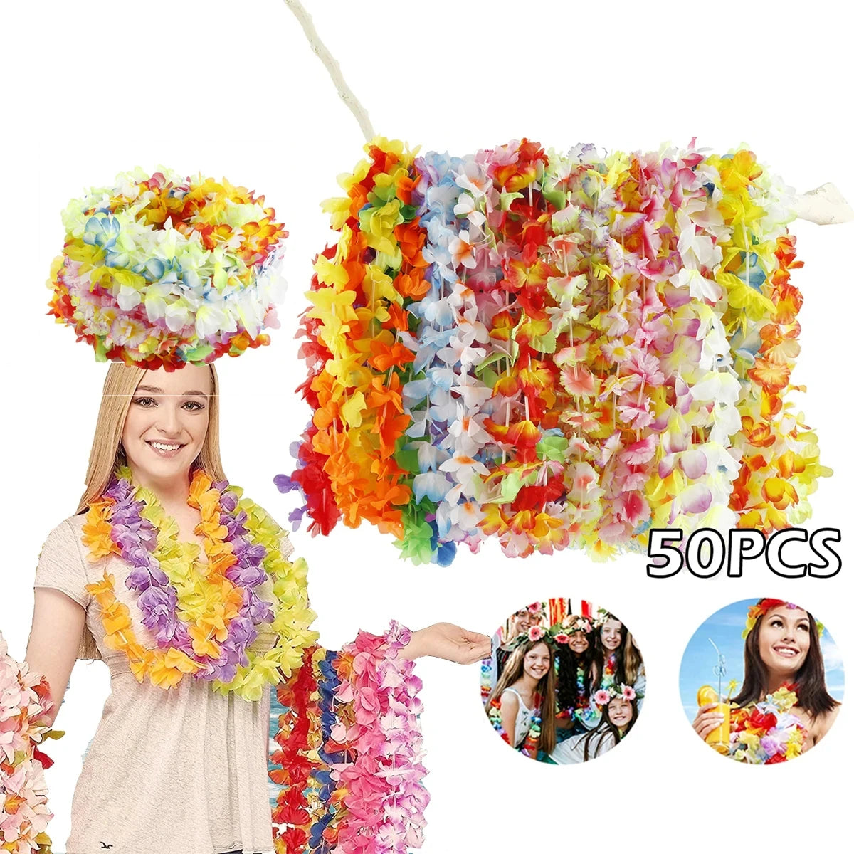 guirlande fleurs artificielles multicolore décoration extérieure 50 pièces opaques anniversaire festive hawaïenne