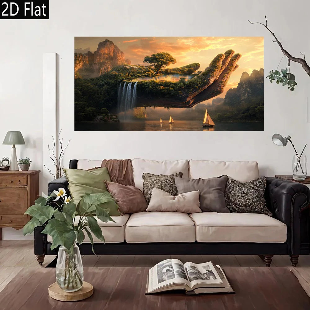 affiche murale paysage fantastique main géante îlot arbres cascades bateau coucher soleil abstraite multicolore