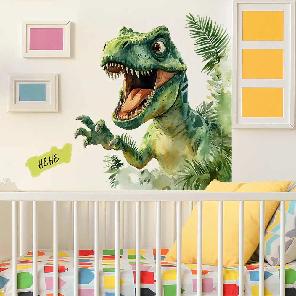autocollant mural dinosaure dessin animé feuilles vert jaune blanc chambre enfants décoration maison adhesive
