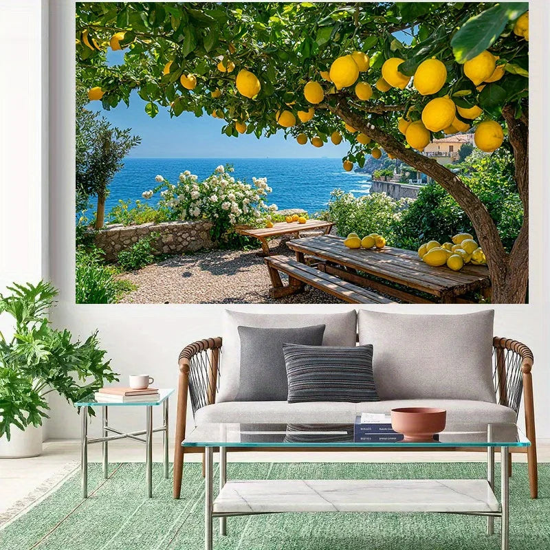 Poster mural paysage marin arbres fruitiers vert jaune bleu beige