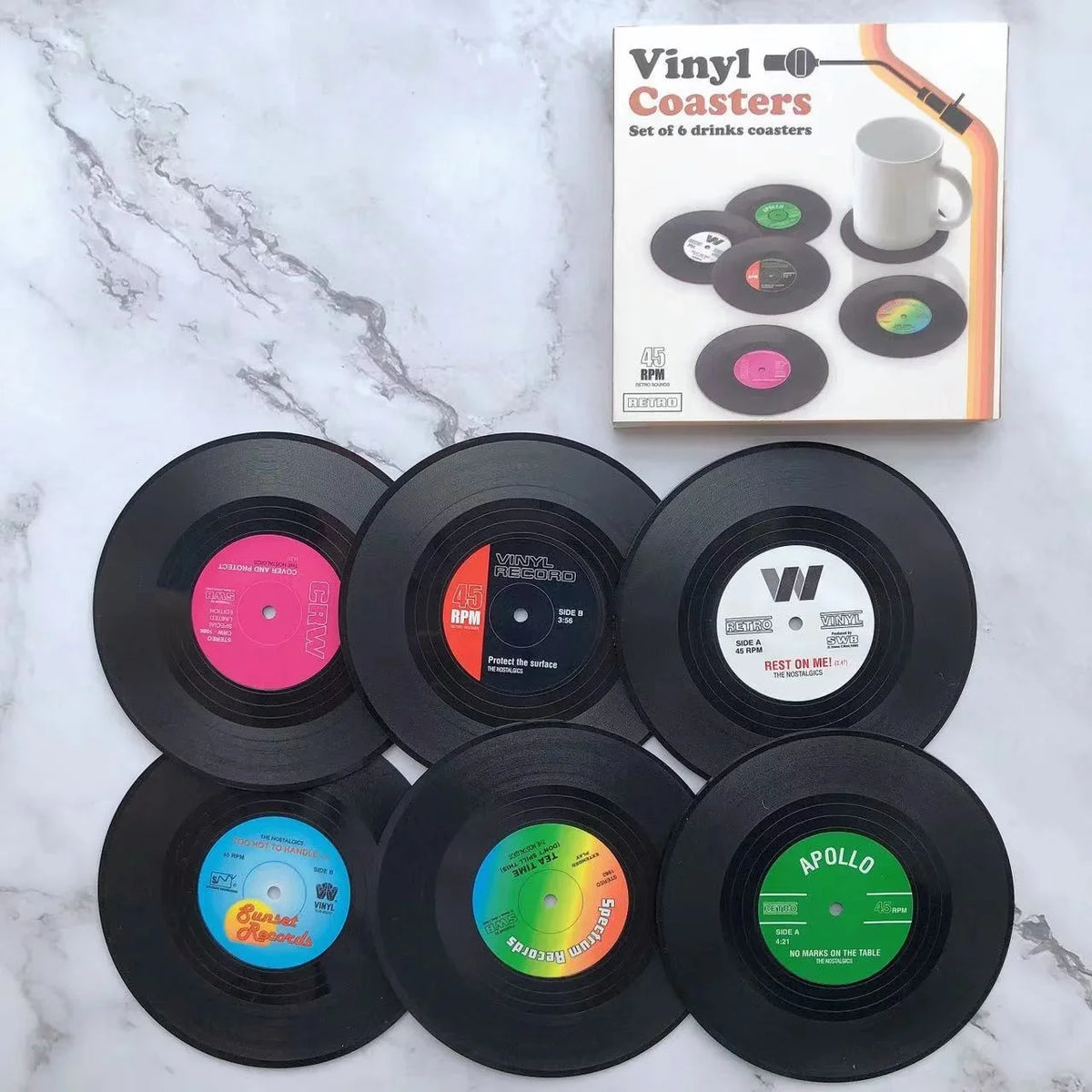 coasters vintage noir disques vinyle rétro table boissons environnement respectueux set 12 pièces