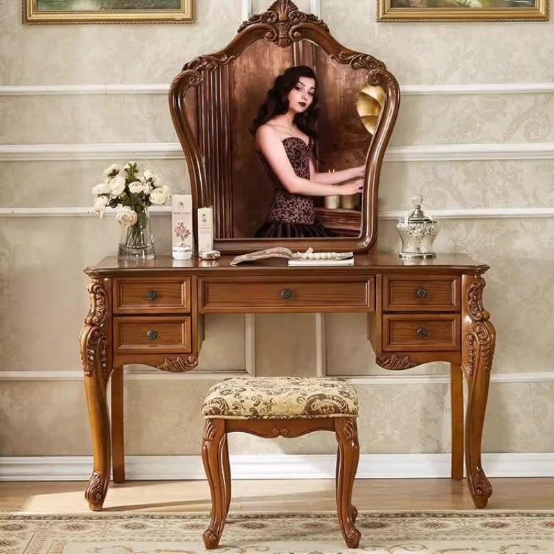 maquillage miroir intégré tabouret bois clair classique ornements détails sculptés