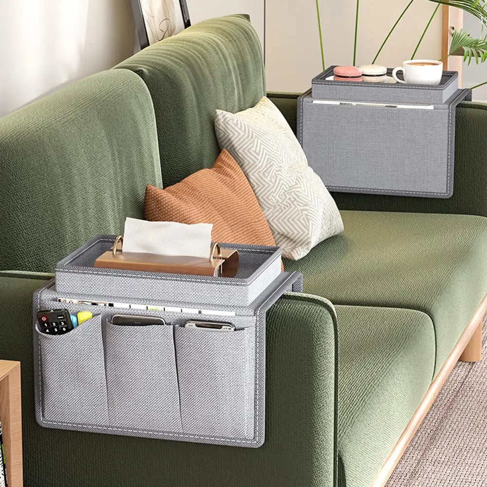 organisateur canapé plateau poches rangement moderne noir gris tissu texturé respectueux environnement