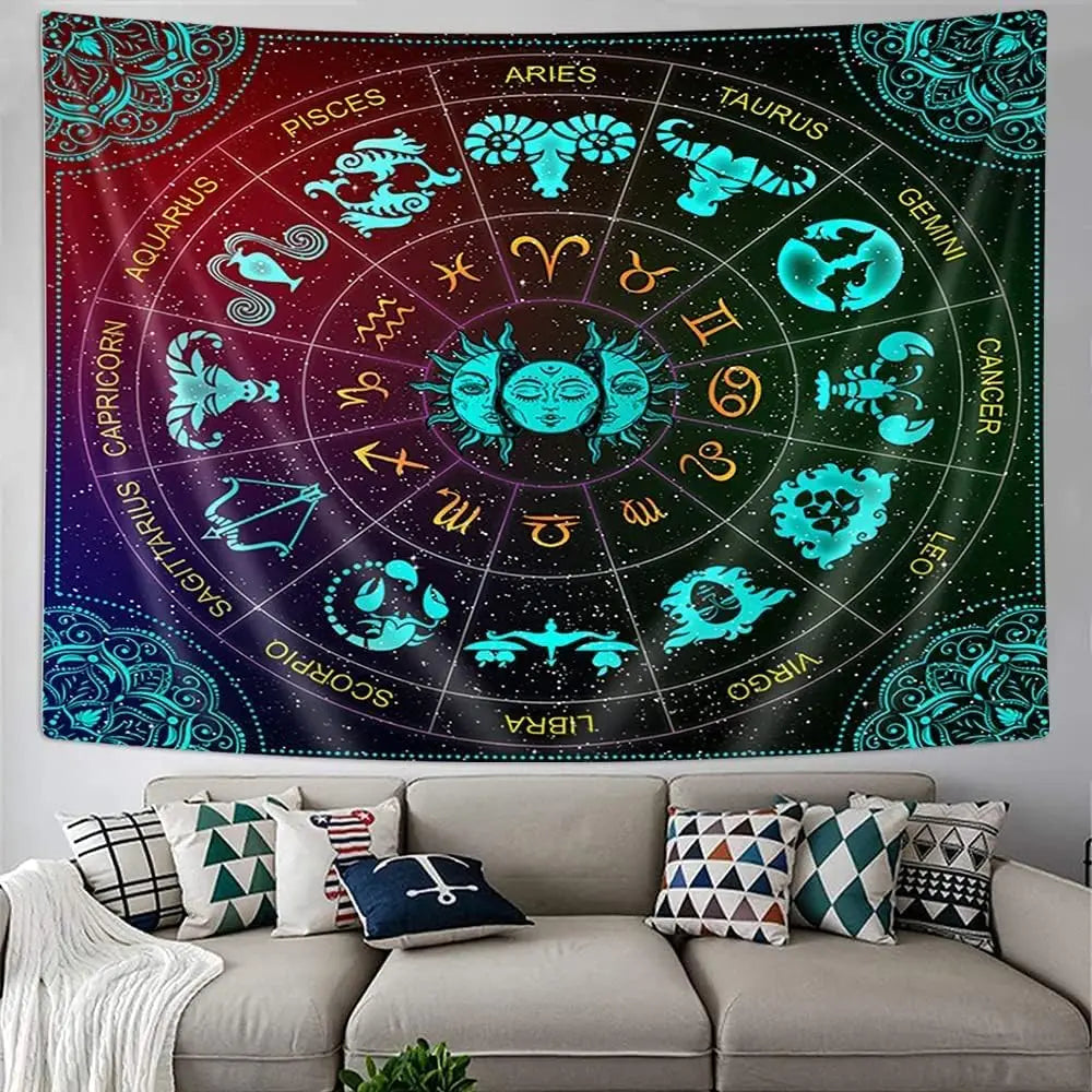 tapis mural décoration astrologie signes zodiaque soleil motifs floraux bohème psychédéliqueintérieur rouge violet bleu