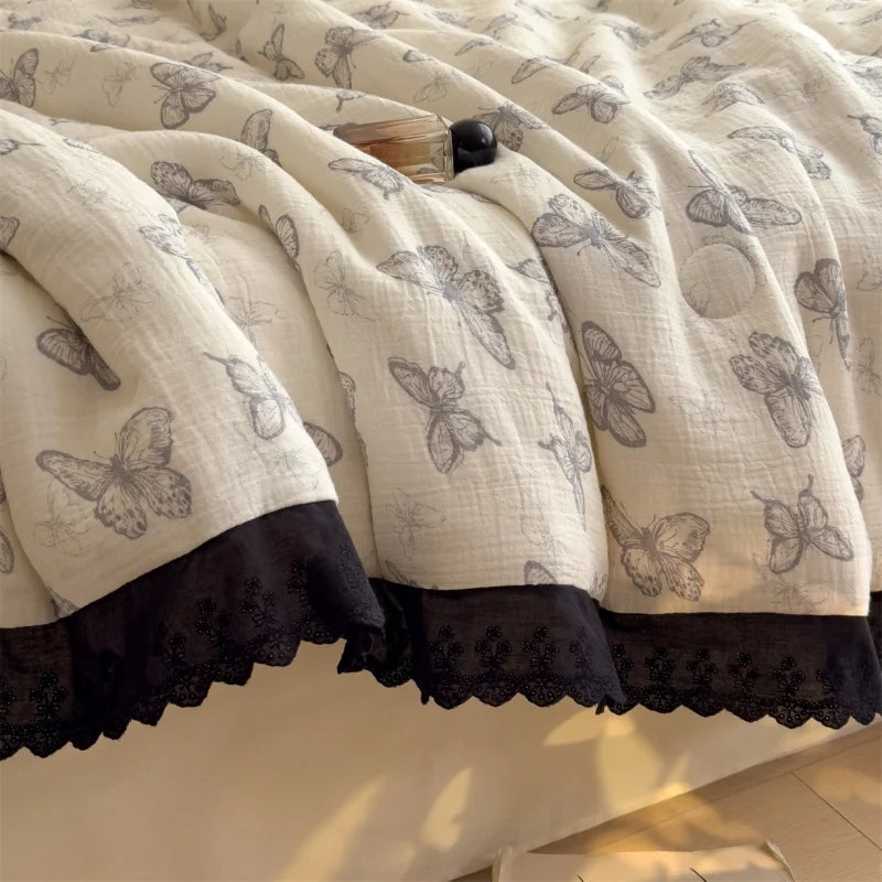 couverture d'été coton froissé motif papillons beige noir vintage lit 150x200cm machine laver