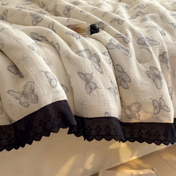 couverture d'été coton froissé motif papillons beige noir vintage lit 150x200cm machine laver