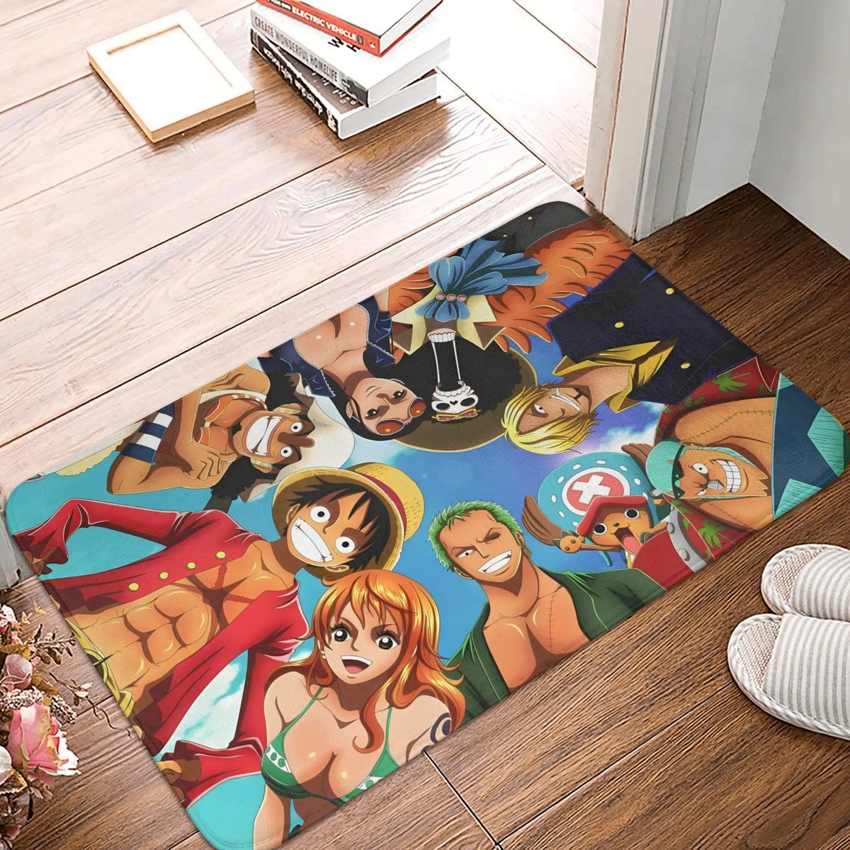 tapis sol antidérapant one piece zoro épées croisées moderne vert noir blanc