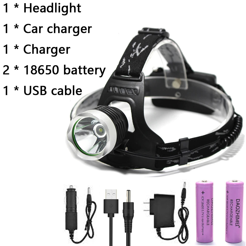 lampe frontale led super lumineuse modes étanche phares t6 camping pêche randonnée chargeur usb