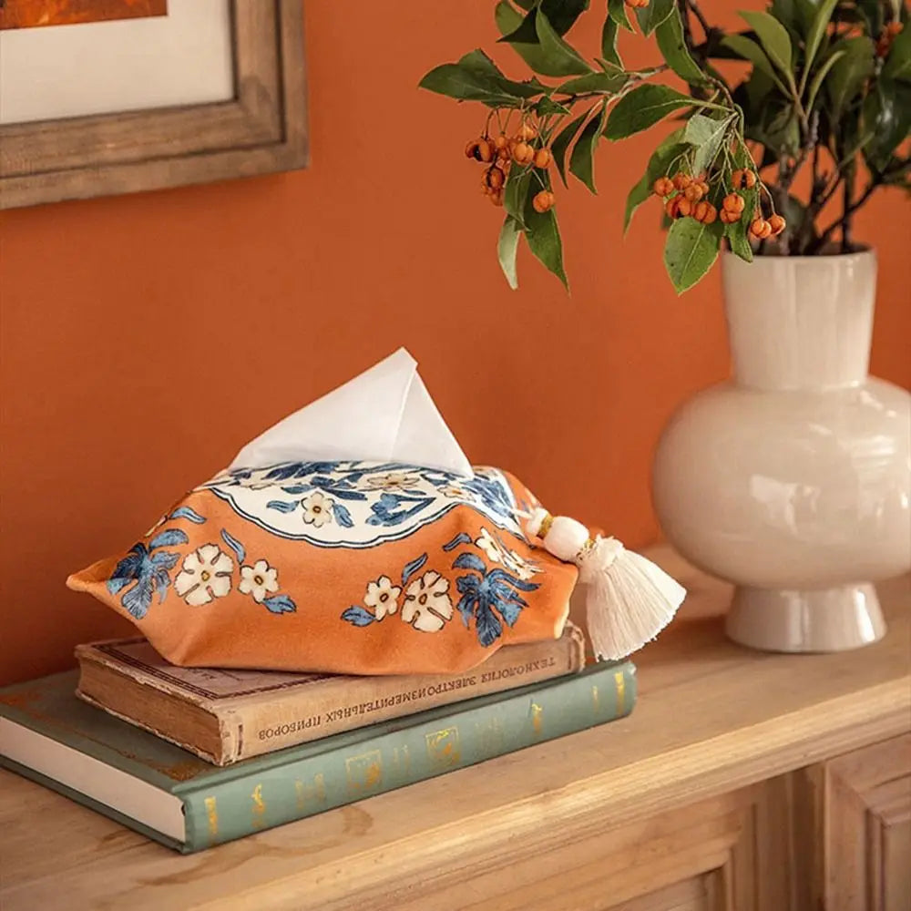 Sac mouchoirs vintage floral orange blanc bleu tassel boho chic decoration reusable