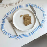 sets table brodés nappe décorative motif géométrique couleur marron bleu blanc rustic chic