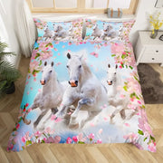 housse couette chevaux fleurs cerisier taies oreillers motif floral moderne enfant chambre décoration lit