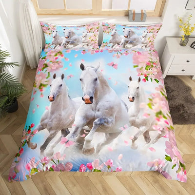Housse de couette chevaux rose fleurs de cerisier