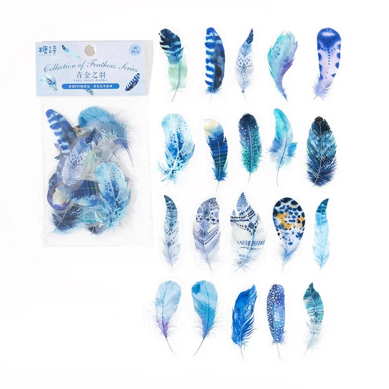plumes décoratives adhésives violet rose bleu marron noir imprimées brillantes scrapbooking decoration matériaux plastique