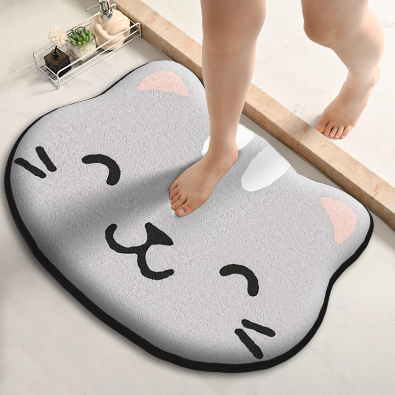 tapis sol antidérapant polyester gris moderne visage chat décoration intérieure petite fleurs noires salle