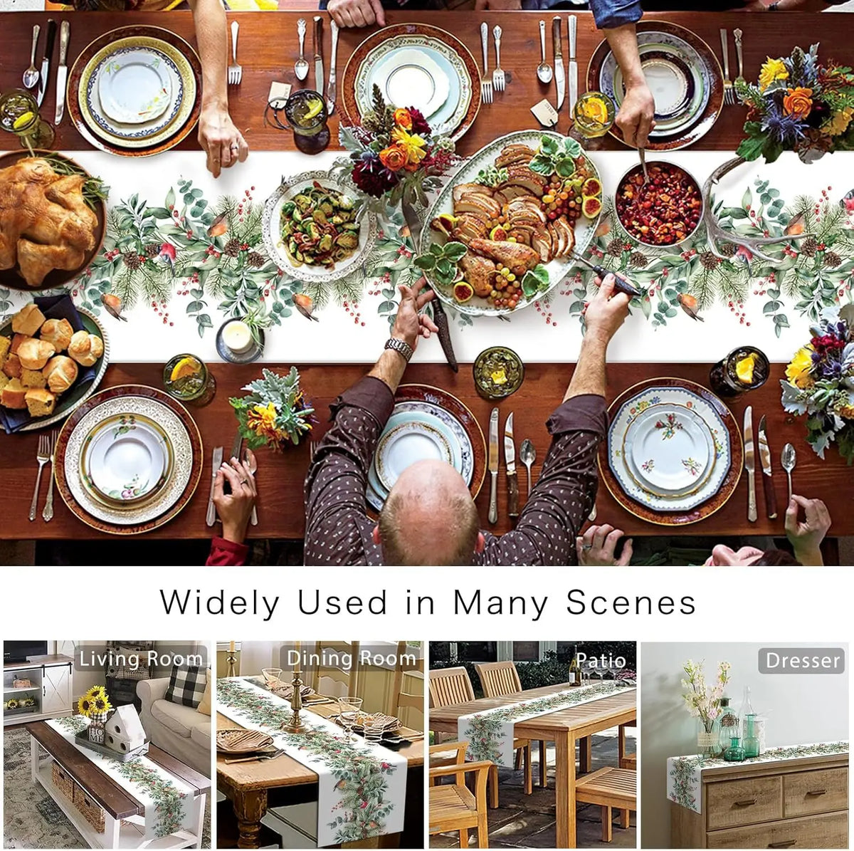 Cette image montre une table de fête richement décorée avec de la vaisselle et des plats traditionnels, ainsi que des accessoires d'intérieur et d'extérieur, illustrant l'utilisation polyvalente de ce type de décoration.