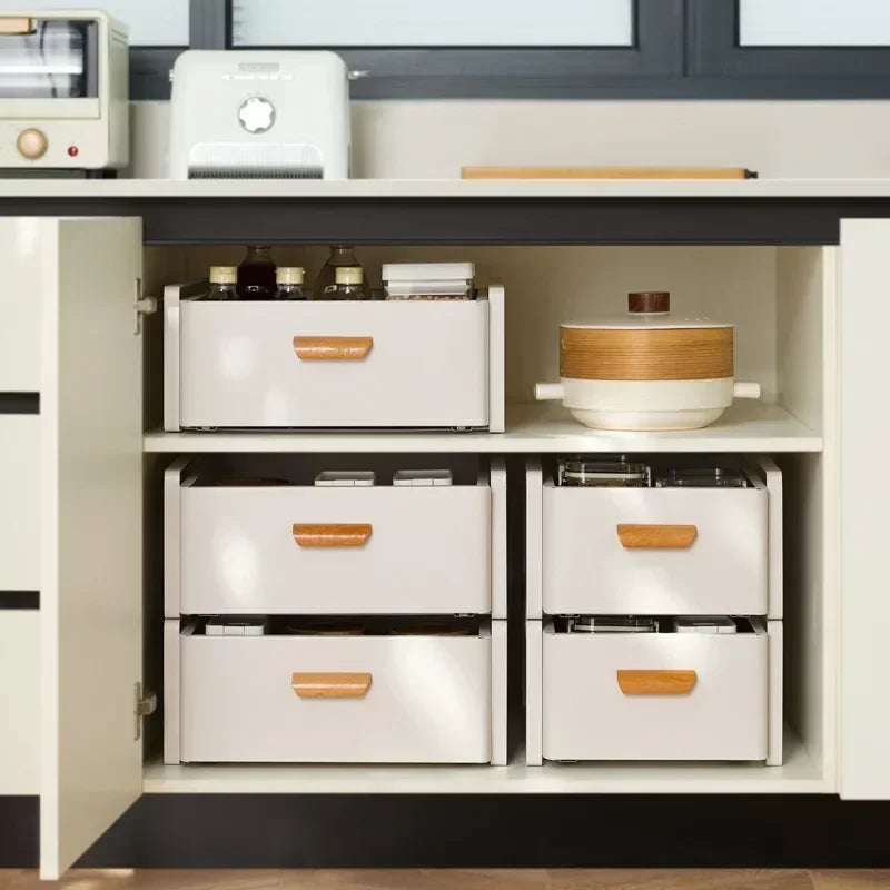 meuble tiroirs cuisine gris blanc poignées bois rangement sous évier