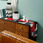 nappe géométrique rouge noir lin moderne table manger cuisine assiettes couverts