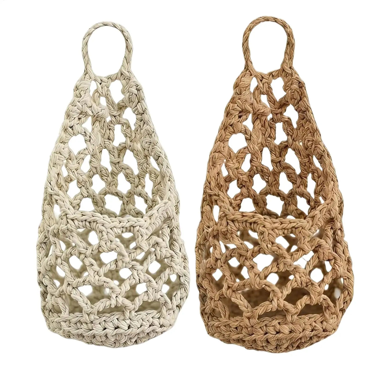 sac suspendu boho maille tissée plante anneau métallique beige clair foncé décoration murale chambre