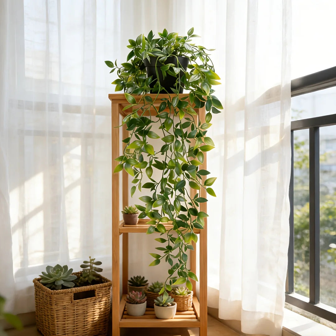 plante artificielle suspendue vigne feuilles vertes décoration intérieure pot noir étagère bois chambre salon