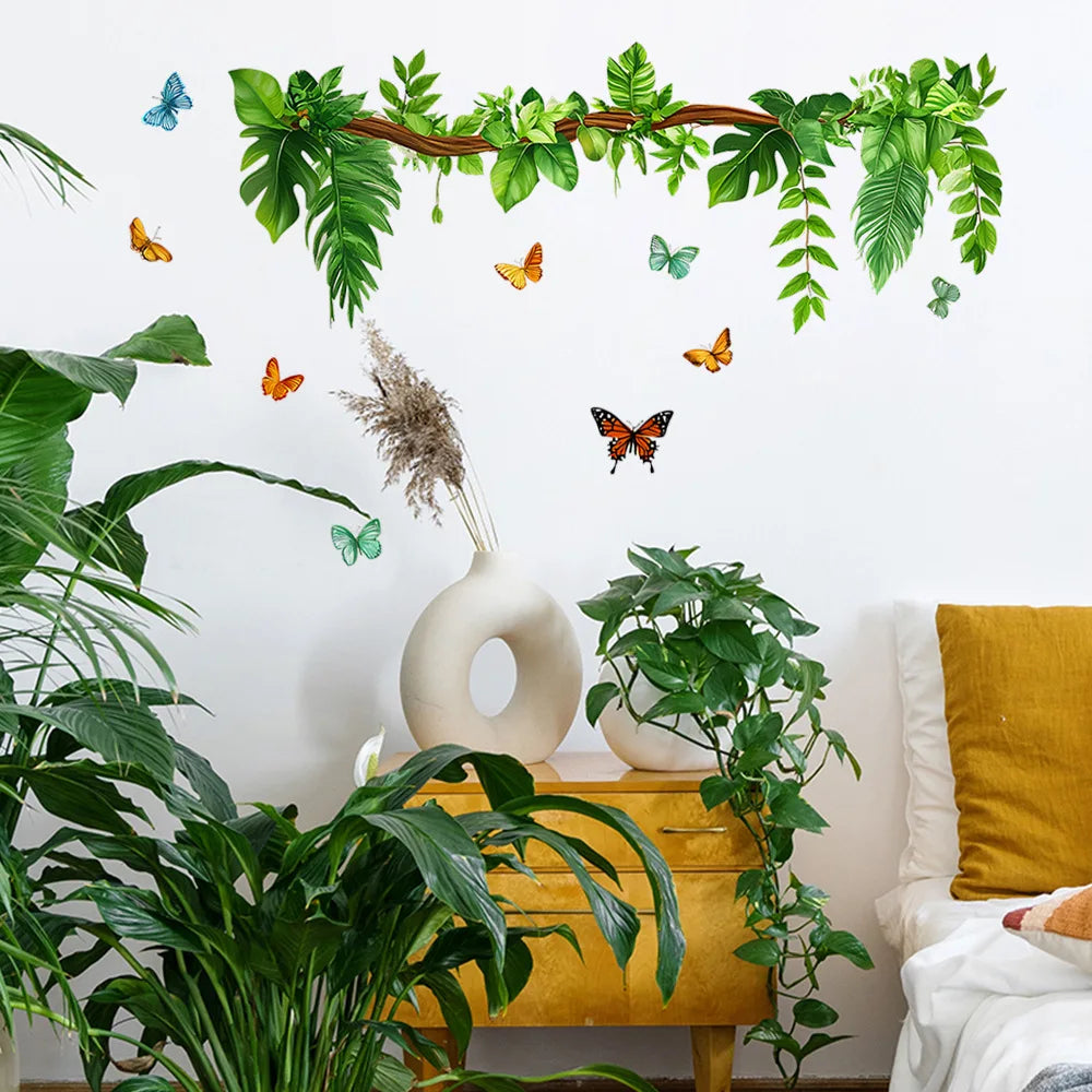 sticker mural papillons feuilles tropicales verte naturelle décoration salon salle bains moderne adhésif auto