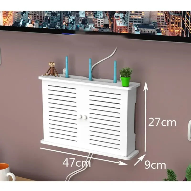 meuble rangement mural blanc bambou prises électriques étagères cable wifi