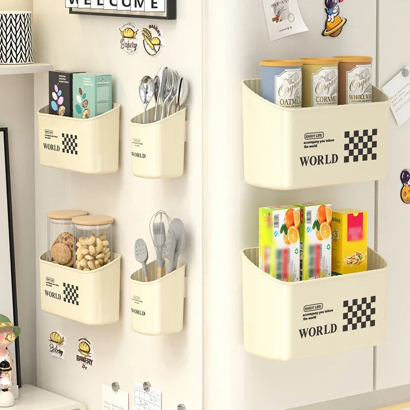 bacs rangement adhésifs motif damier moderne minimaliste beige clair cuisine utensiles organisation minimalistechef