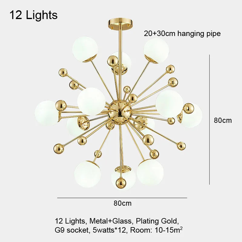 suspension lumineuse moderne or blanc 18 lumières structure radiale scandinave