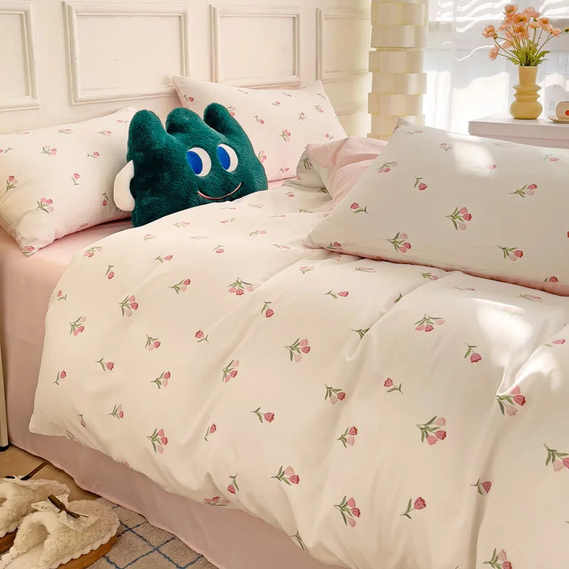 ensemble literie coton blanc rose fleurs moderne doux housse couette taies oreillers ruban serrage