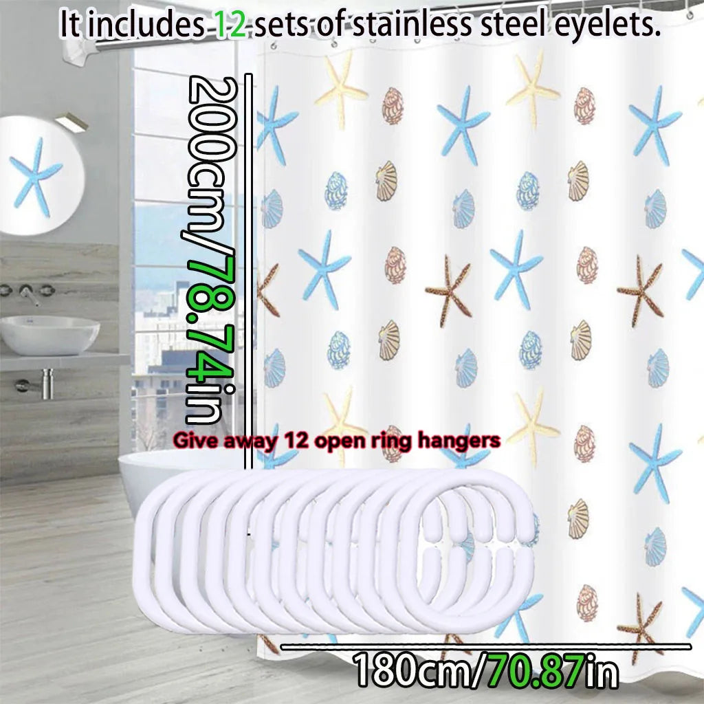 rideau douche étoiles mer coquillages opacité moderne inoxydables blanc bleu clair beige marron clair