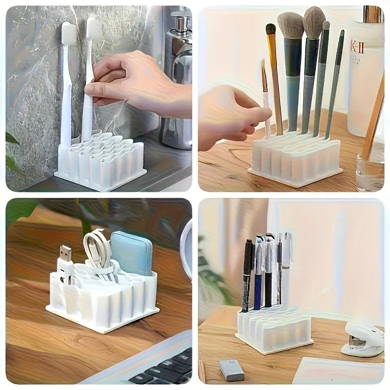 organisateur compartiments blanc tubes pinceaux stylos cartes sd câbles rangement minimaliste utilitaire